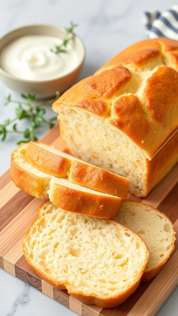 Sliced yogurt bread on a cutting board with a bowl of yogurt in the background.